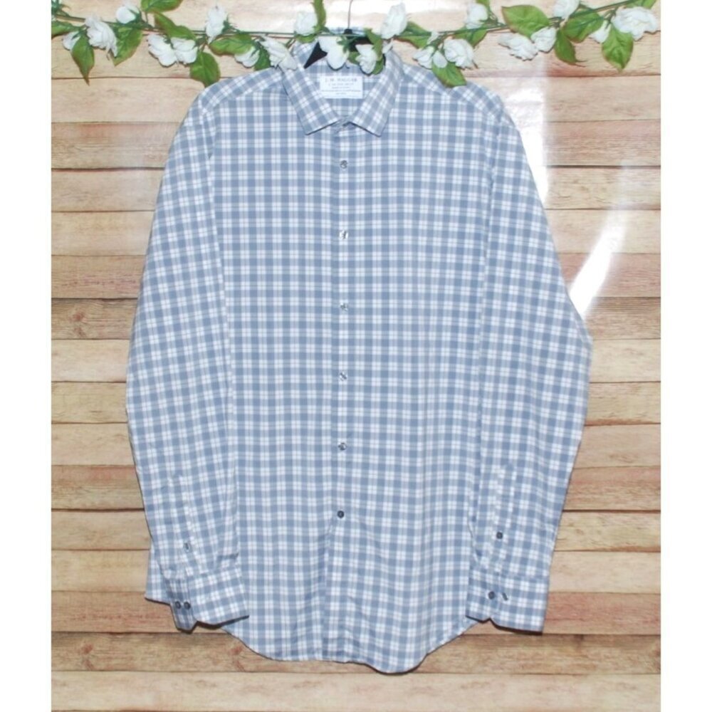 J.M. Haggar Men's Gray Plaid Button Front Dress Shirt Size 16-16.5 36/37 Career